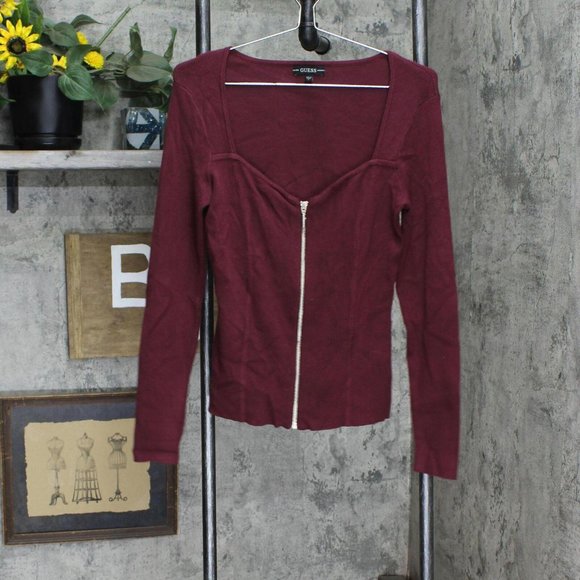 Guess Sweaters - NEW Guess Knit Stretch Zip Front Boat Neck Cardigan W2RR30Z2YK0 Maroon Red L